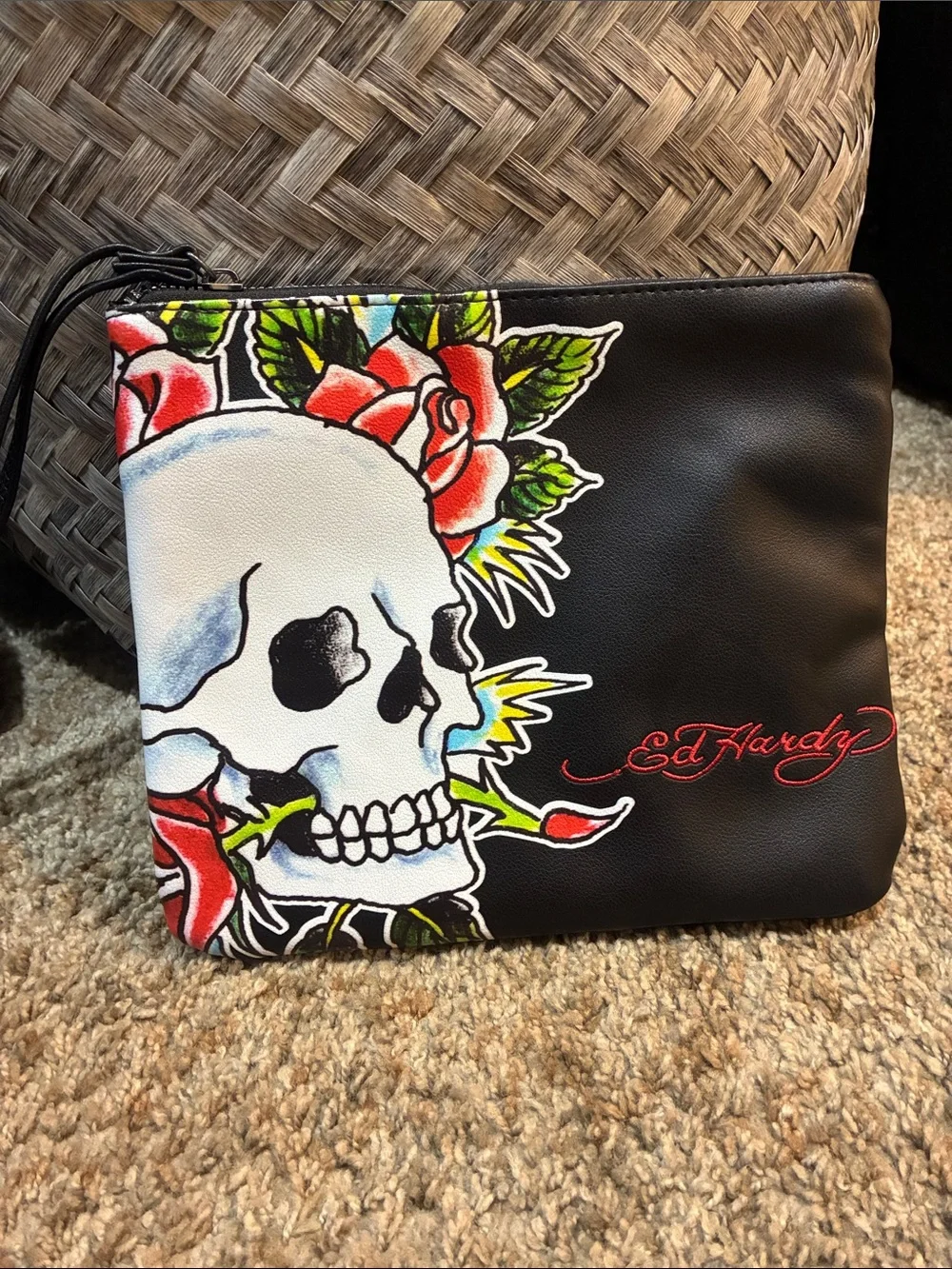 Ed Hardy Black Skull & Rose Zip Wristlet
